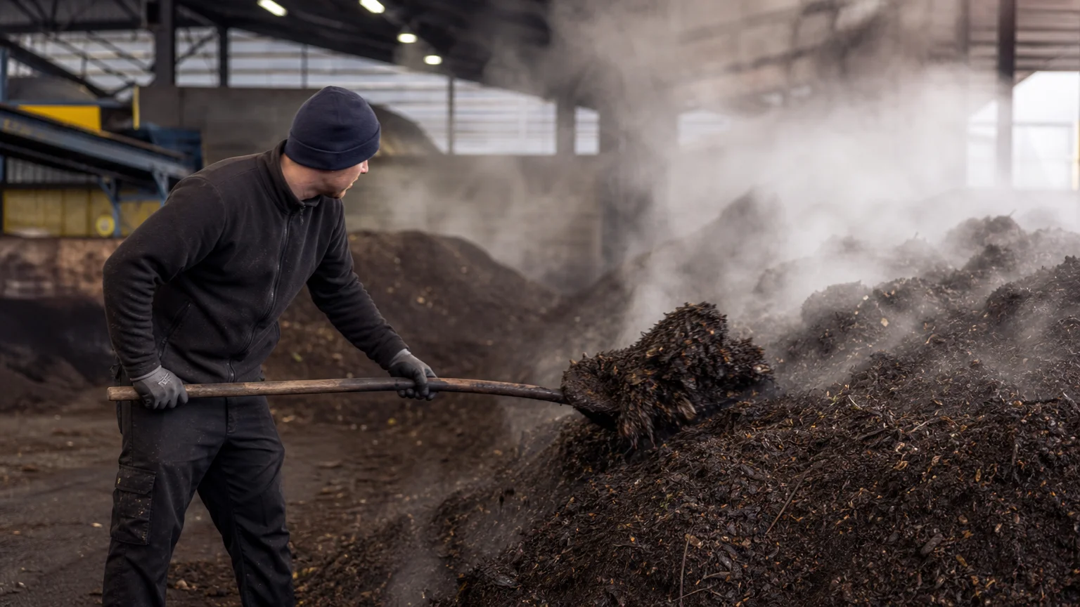Industrial composting facility with steaming compost piles and a worker turning the pile