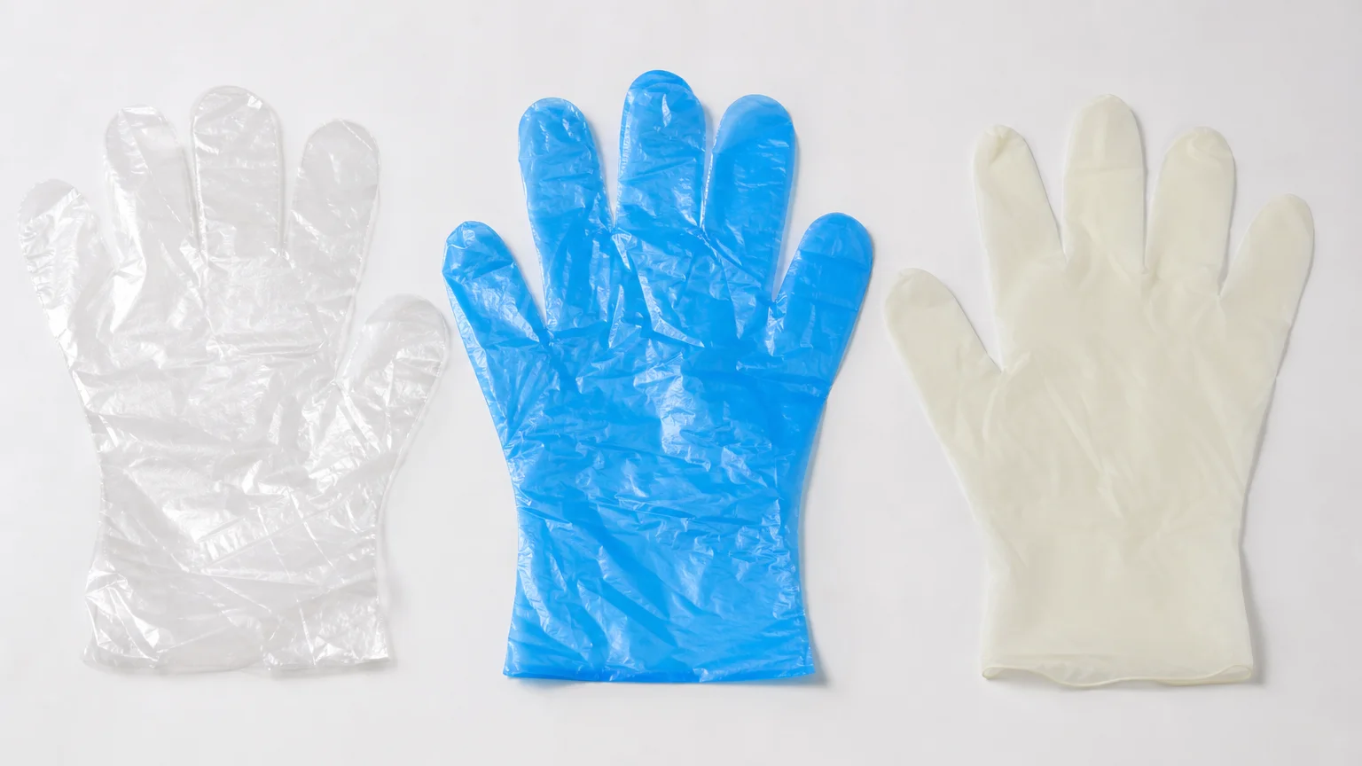 Three types of clean room disposable gloves — PE, CPE, and TPE — compared side by side on a sterile white surface