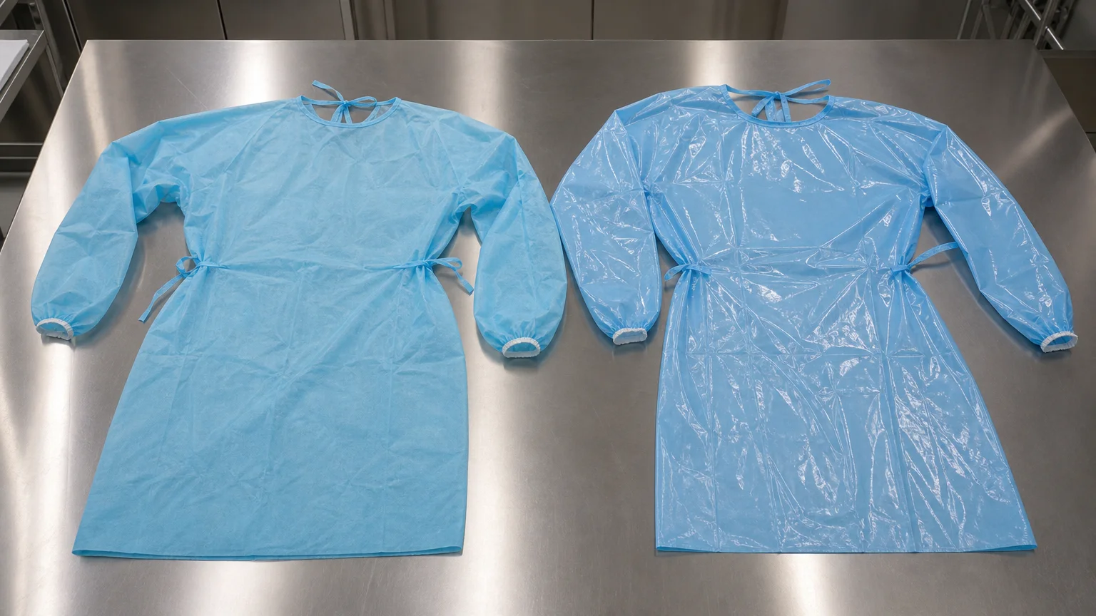 Disposable PE gown and CPE gown compared side by side, showing material texture and coverage differences for clean room environments