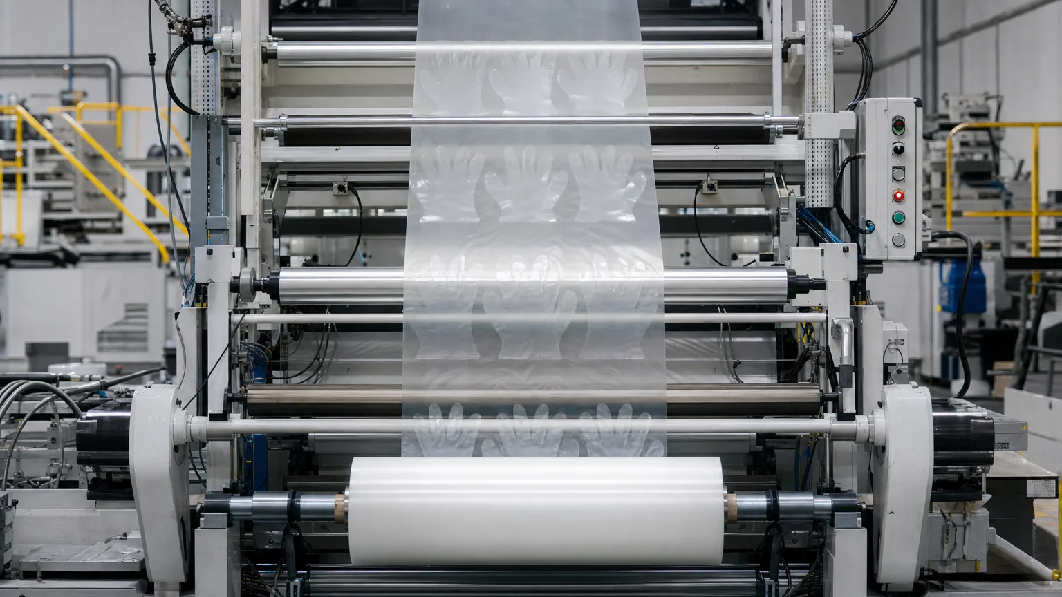 Automated production line manufacturing CPE cast polyethylene disposable gloves in a clean factory workshop