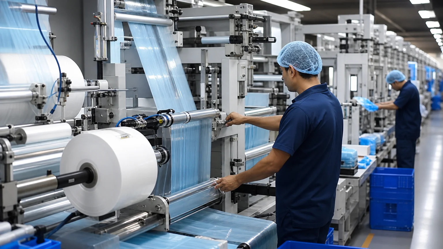 Automated disposable glove production line with film blowing and cutting machines in a clean factory