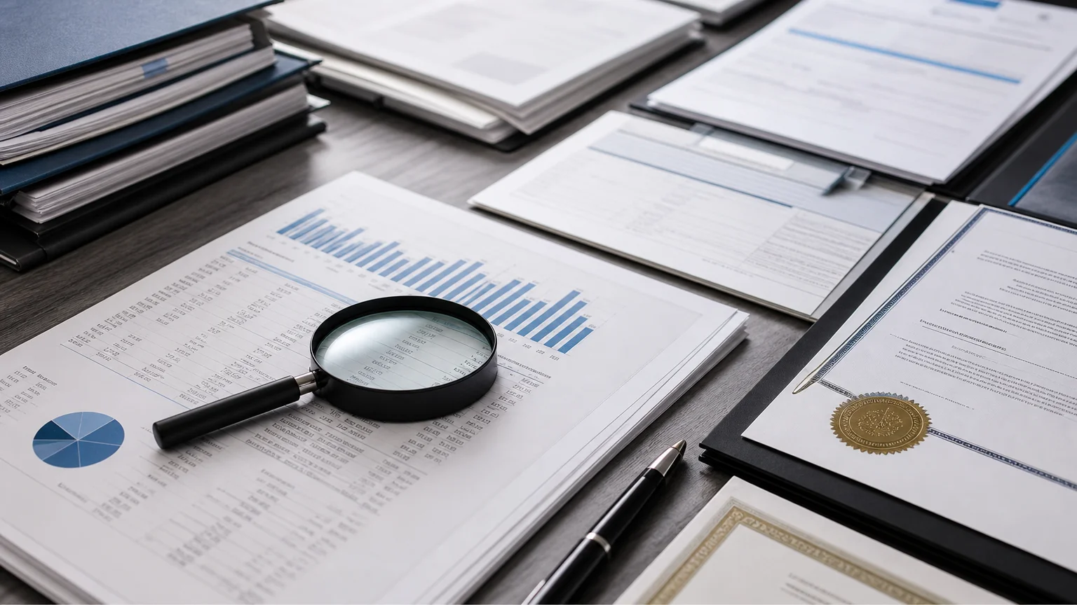 Compliance documents and third-party certification folders reviewed with a magnifying glass on a desk