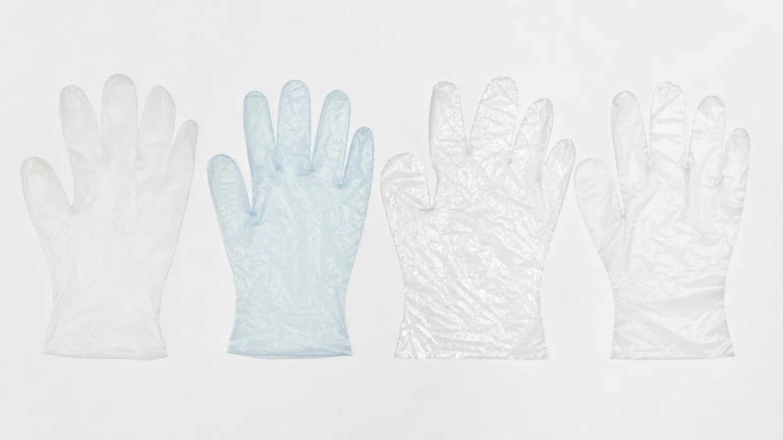 Four types of disposable gloves in PE, POE, CPE and TPE materials compared side by side