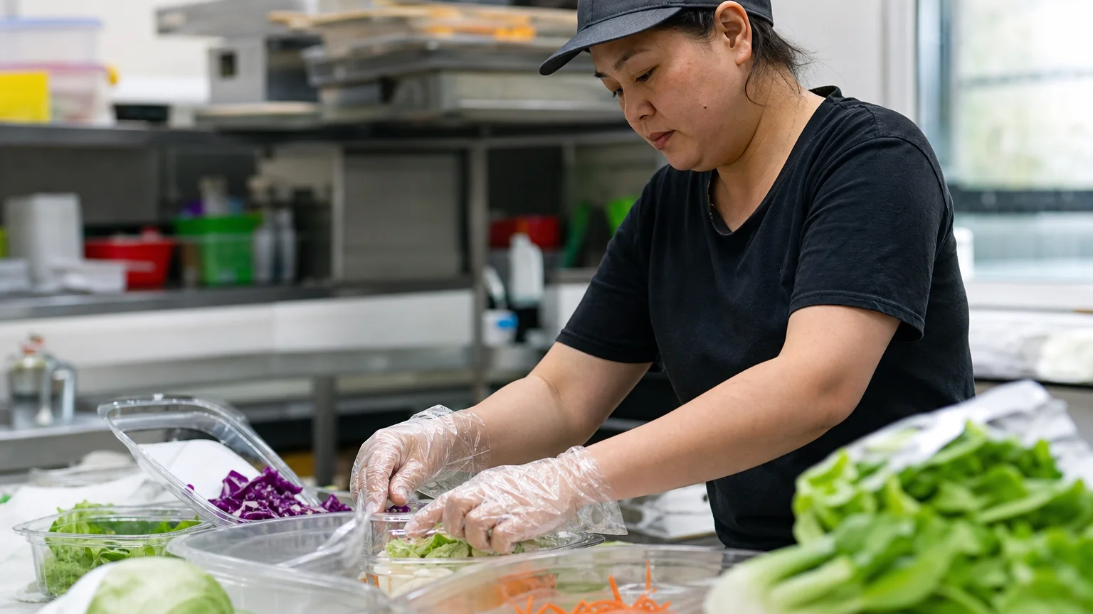 Worker wearing clear disposable POE gloves handling fresh food in a commercial kitchen