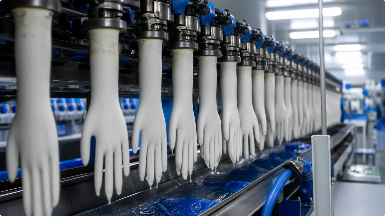 Automated production line manufacturing disposable gloves with quality inspection in a clean factory
