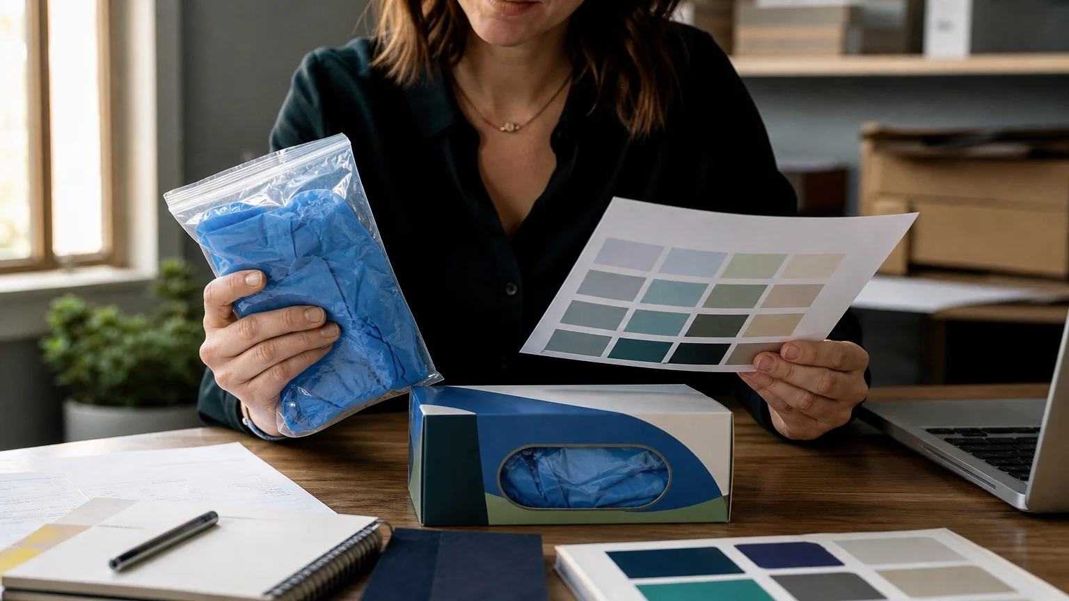 A buyer reviewing a sample pack of disposable gloves with a color swatch sheet next to a finished private label retail box