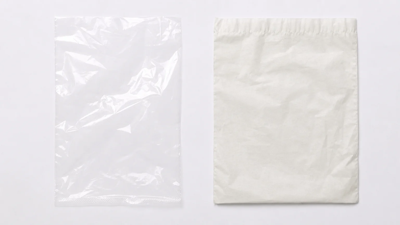 A thin clear polyethylene bag and a matte compostable bag placed side by side for comparison