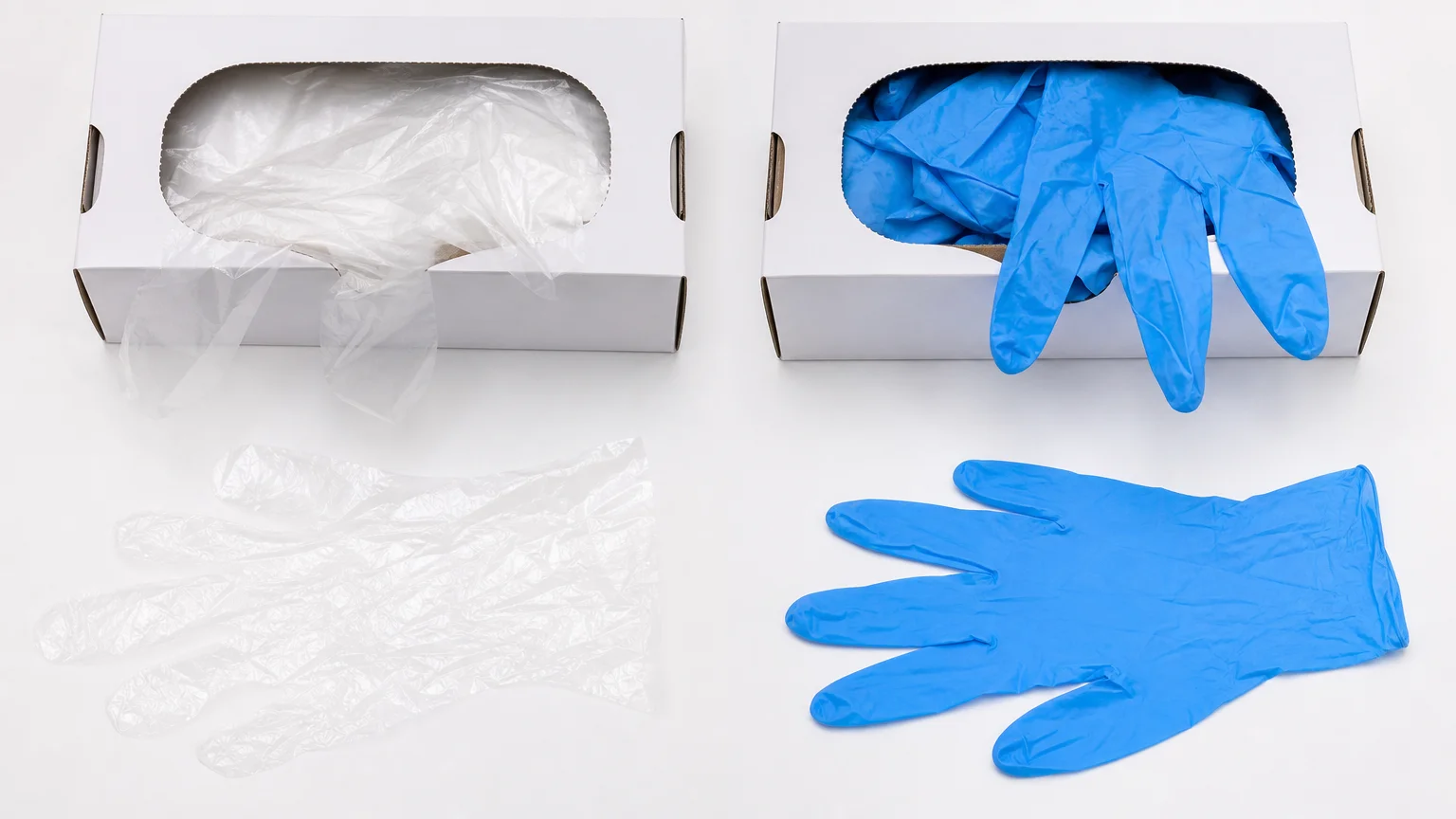 PE film gloves and nitrile gloves placed side by side showing material and format differences