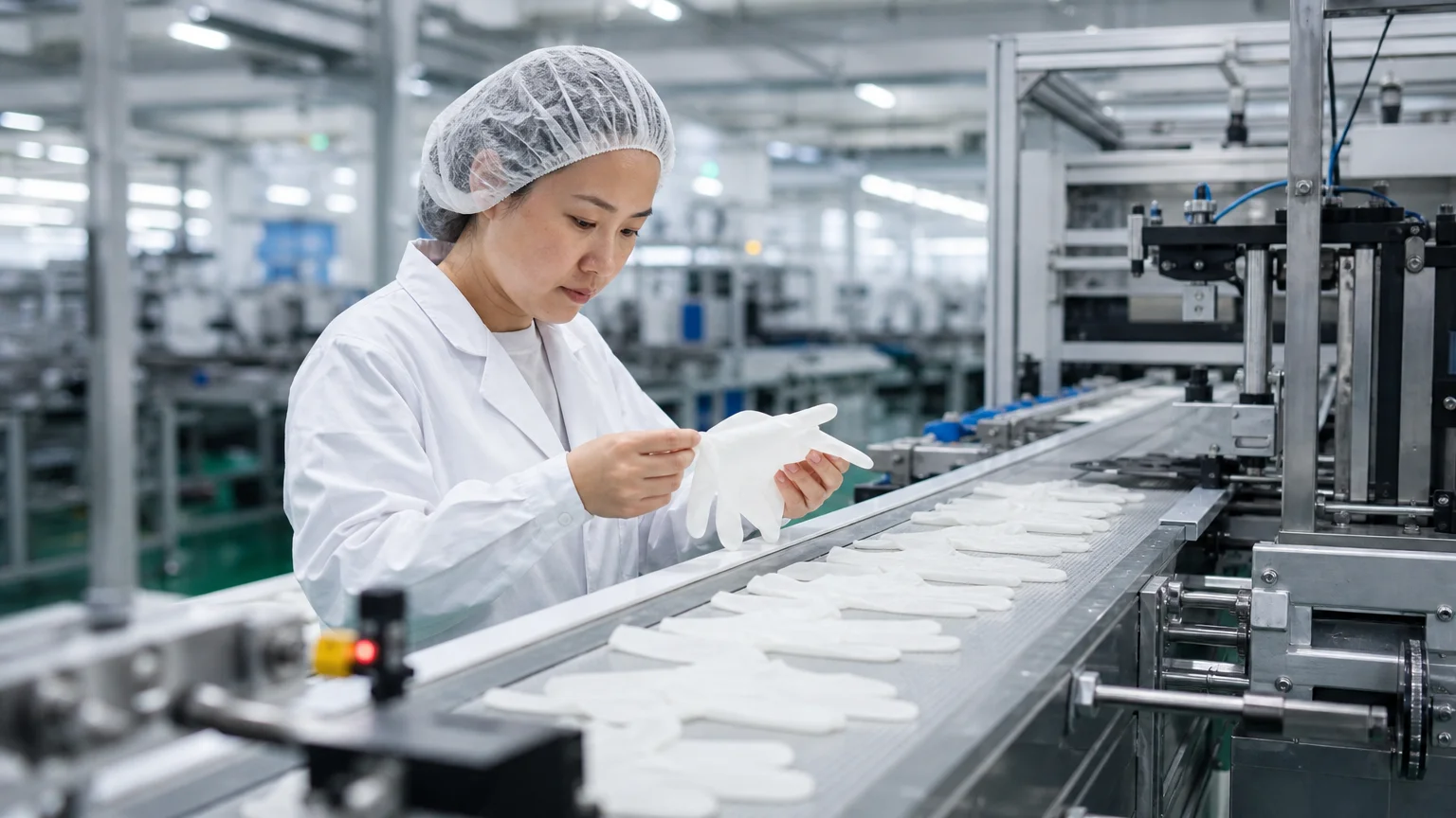Quality inspector examining disposable PE gloves on an automated production line inside a clean factory