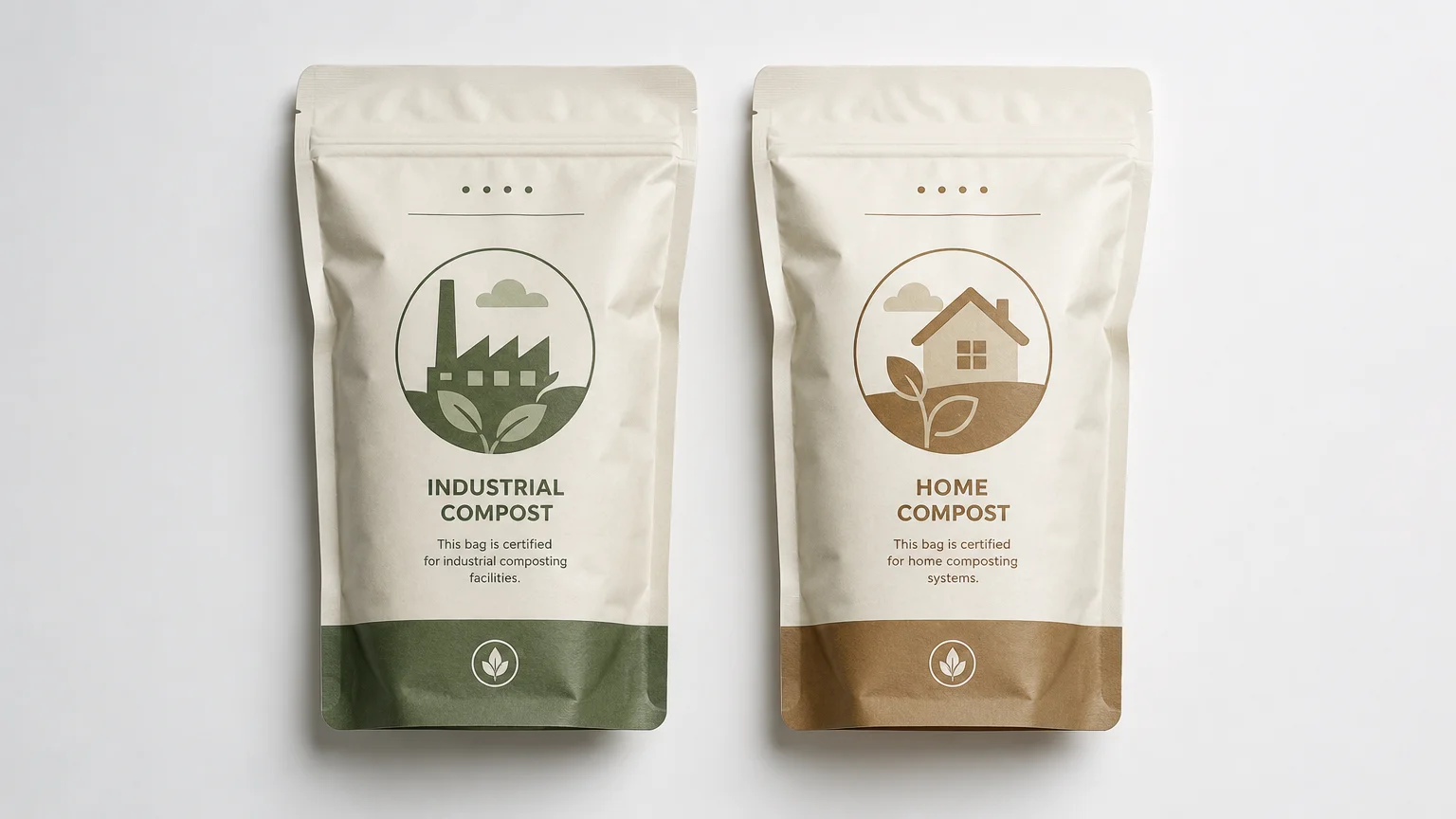 Two compostable product packages side by side showing the difference between OK Compost Industrial and OK Compost HOME certified products